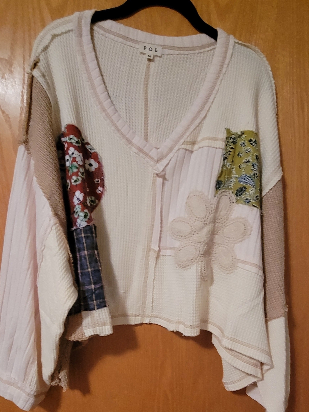 POL Women’s Cream Patchwork V-Neck Sweater